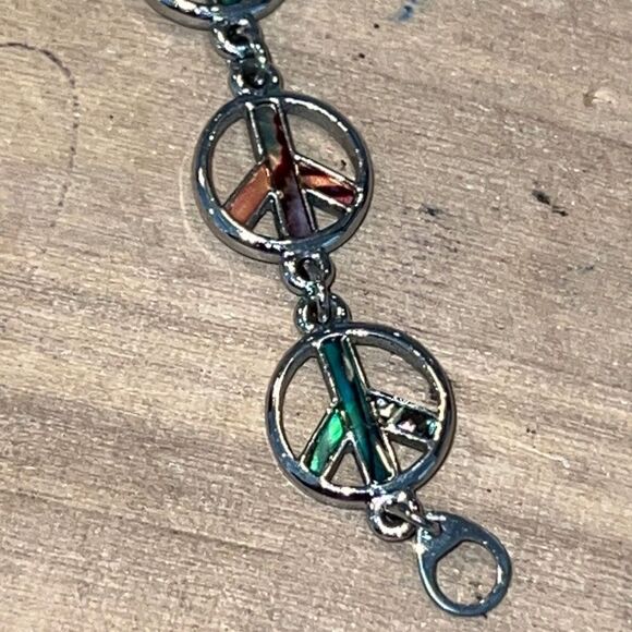 Peace Sign With Shell Inlay Set In Silver Tone Tennis Bracelet - Picture 5 of 7